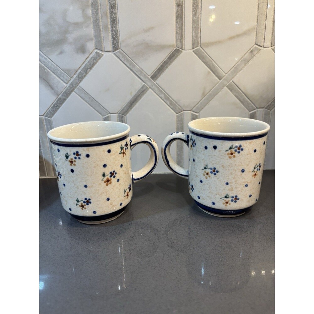 Boleslawiec Polish Pottery Country Meadow Set Of Two Mug Cup Blue Yellow Flowers